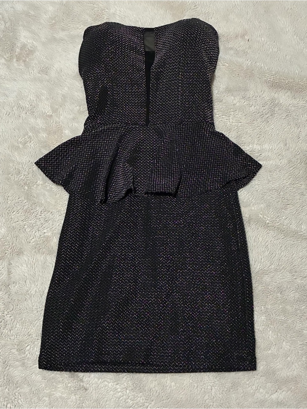 Strapless Peplum Cocktail Dress in Black with Subtle Iridescent Threads